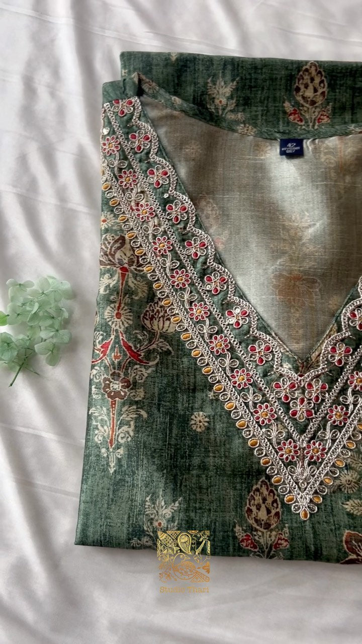 Uppada silk kurta Set with embroidered V neckline Shatoon stitched pant Uppada silk duppata(GREEN)
